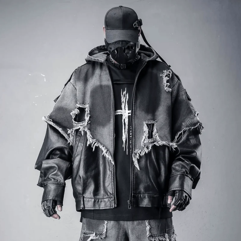 Herren-Techwear-Kapuzenjacke mit Fransen, offenkantigem Patchwork-Design