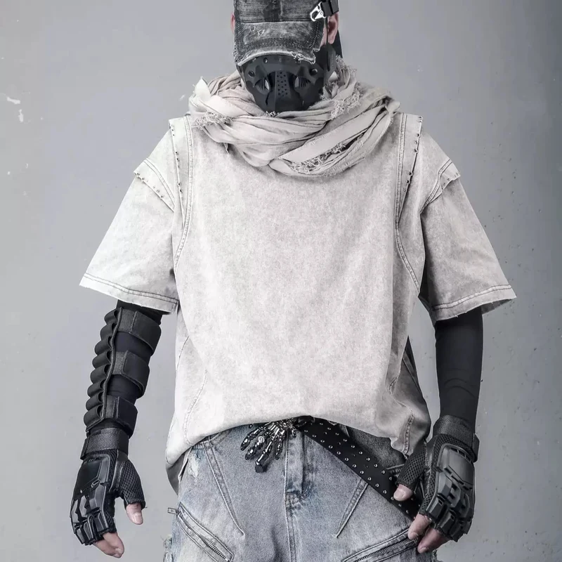 Herren Techwear Kurzarmshirt mit Sternenmuster und Used-Look, Grau