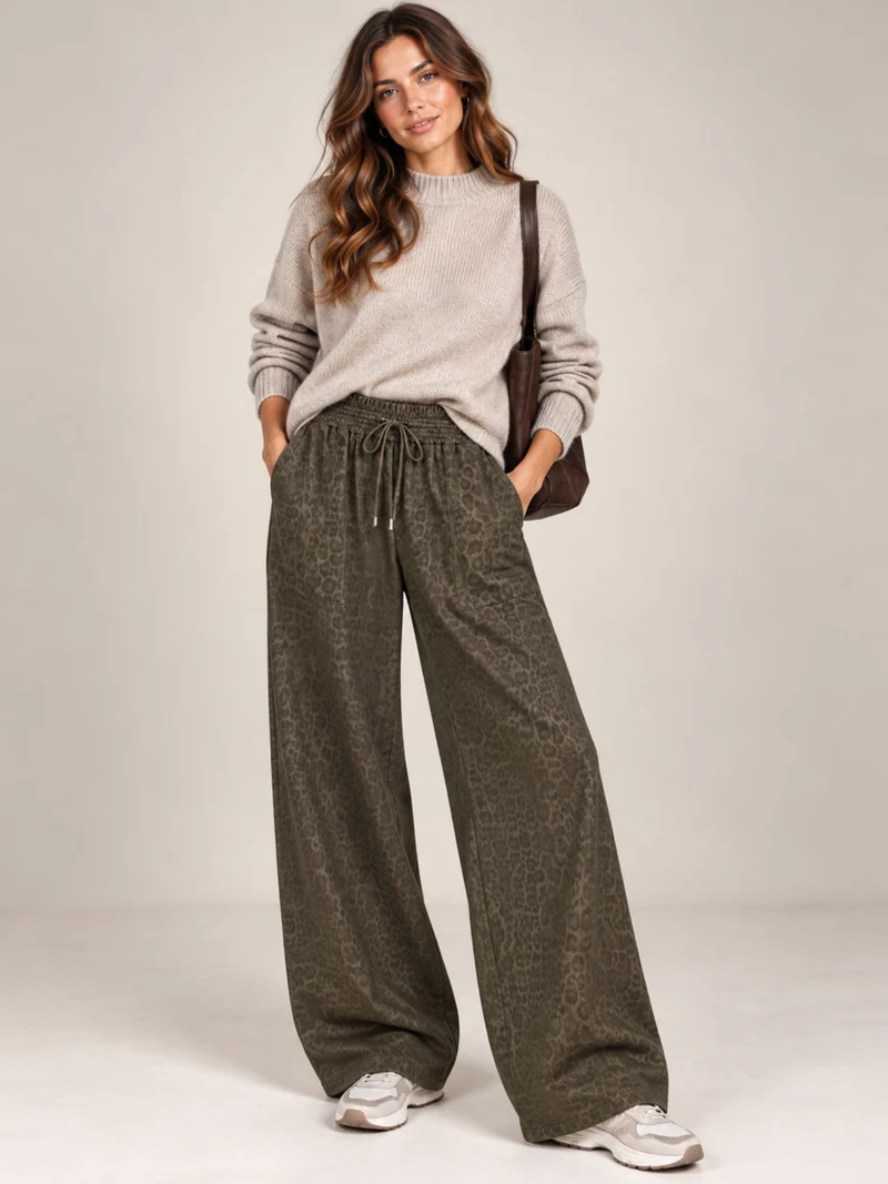 Only M - Palazzo mit Gummizug, High Waist, Animal Print Allover, Khaki