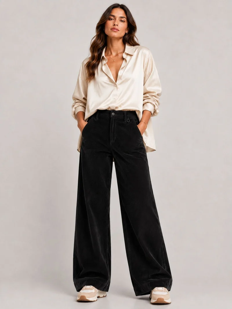 MAC JEANS - PALAZZO CORDUROY, High-Waist, Black