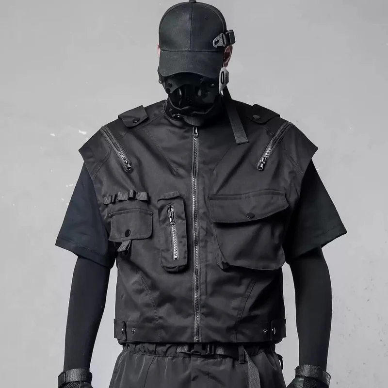 Herren-Techwear-Weste mit mehreren Reißverschlüssen, großer Tasche und Stehkragen