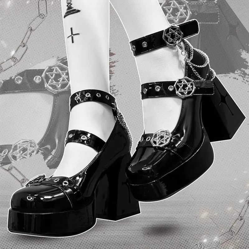 Gothic-Plateau-Pumps für Damen mit Ketten-Hexagramm-Schnalle und Knöchelriemen